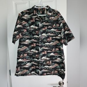 Hawaiian Button Shirt Palm Trees Scooter Pattern